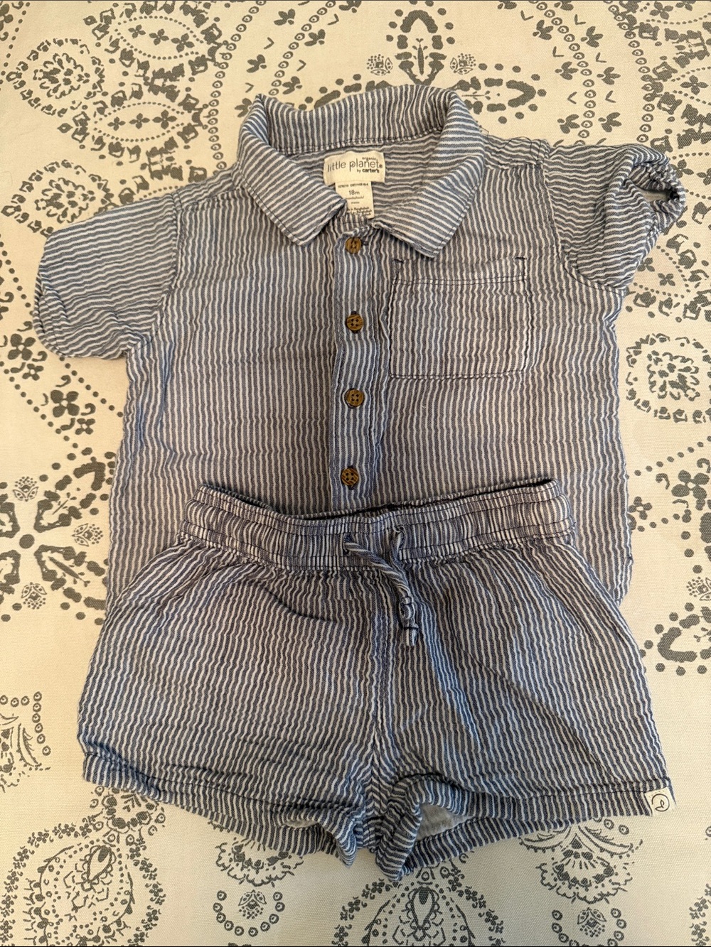 Blue + White Striped Cotton Button-Up Shirt & Shorts Set - Picture 2 of 8